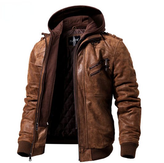Jaqueta de Couro Masculina Com Capuz Removível - Leather Elegance